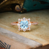 Princess Cut 1.2 Carat Aquamarine Pave Ring Halo Engagement Ring